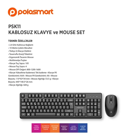 Polosmart PSK11 Kablosuz Q Klavye Ve Mouse Set Sİyah - 2