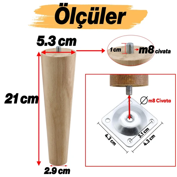 4 ADET Ahşap 21 cm Bağlantı Aparat Mobilya Koltuk Kanepe Berjer Ayağı Yükseltici Ayakları M8 Civata - 3