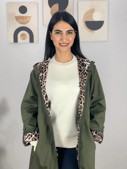 Kadın Kapüşonlu Leopar Astarlı Haki Trençkot - 6