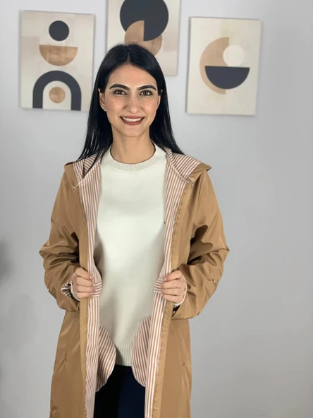 Kadın Kapüşonlu Çizgili Astarlı Taba Trençkot - Resim 6