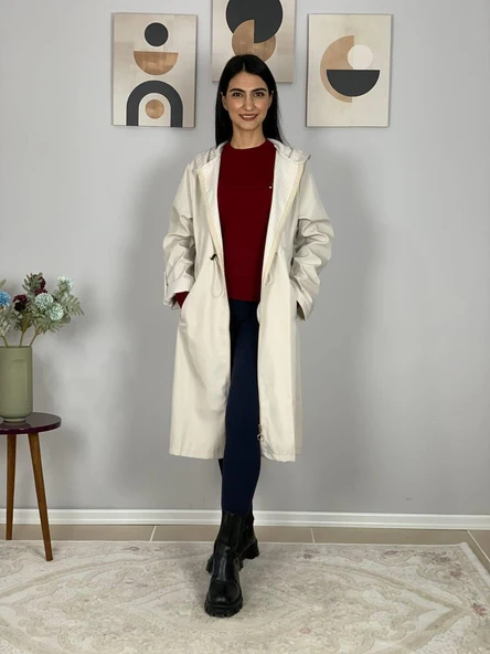 Kadın Kapüşonlu Çizgili Astarlı Krem Trençkot - Resim 4