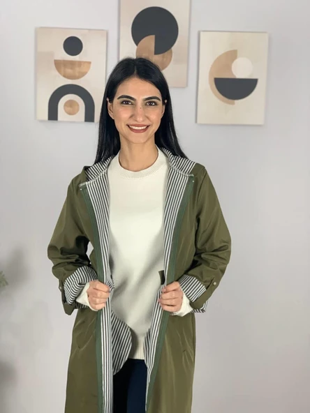 Kadın Kapüşonlu Çizgili Astarlı Haki Trençkot - 6
