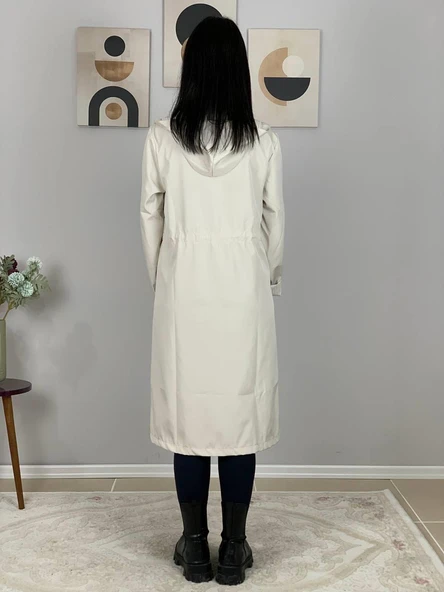 Kadın Kapüşonlu Çizgili Astarlı Krem Trençkot - Resim 5