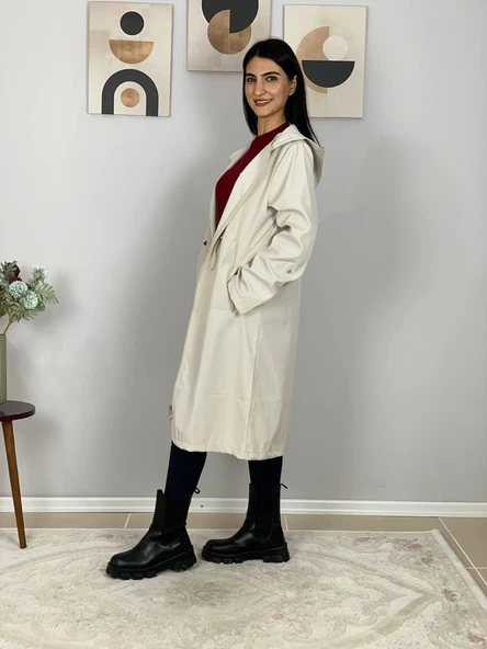 Kadın Kapüşonlu Çizgili Astarlı Krem Trençkot - Resim 3