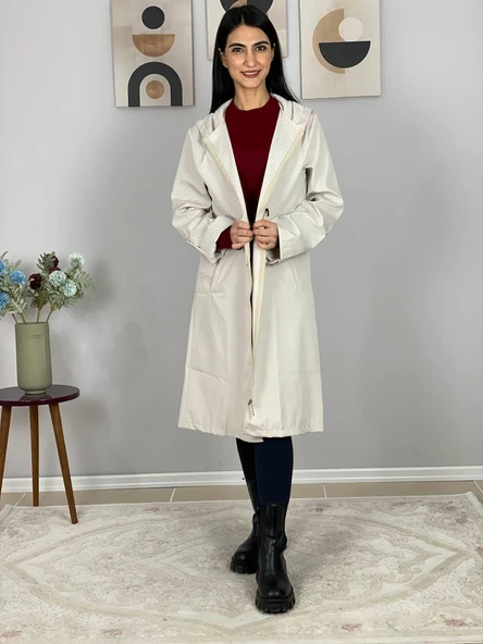 Kadın Kapüşonlu Çizgili Astarlı Krem Trençkot - Resim 2