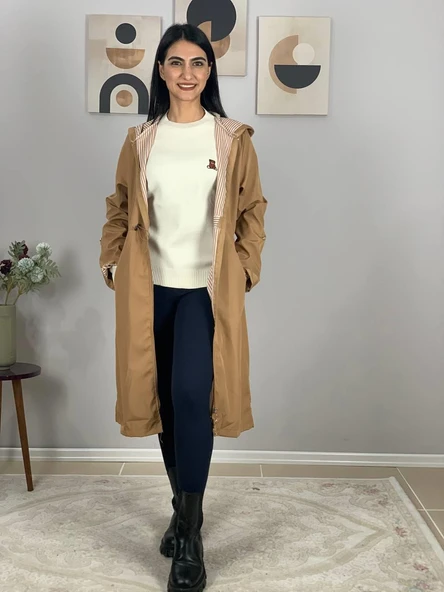 Kadın Kapüşonlu Çizgili Astarlı Taba Trençkot - Resim 5