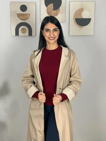 Kadın Kapüşonlu Çizgili Astarlı Bej Trençkot - 3