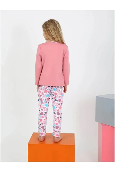 Kız Çocuk Kalp Baskılı Uzun Kollu %100 Pamuklu Düğme Detaylı Pijama Takımı  10/15 Yaş - 3