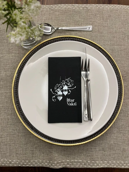 Gümüş Yaldızlı Siyah İftar Vakti Garson Peçete 16 Adet