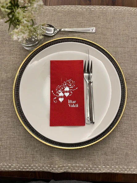 Gümüş Yaldızlı Kırmızı İftar Vakti Garson Peçete 16 Adet - Resim 1