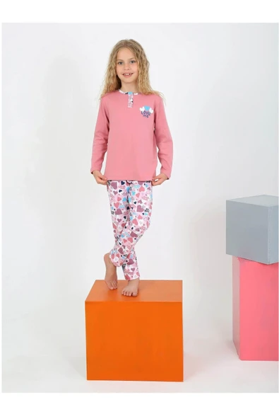 Kız Çocuk Kalp Baskılı Uzun Kollu %100 Pamuklu Düğme Detaylı Pijama Takımı  10/15 Yaş - 2