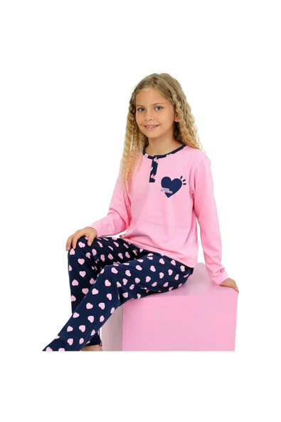 Kız Çocuk Kalp Baskılı Uzun Kollu %100 Pamuklu Düğme Detaylı Pijama Takımı  10/15 Yaş