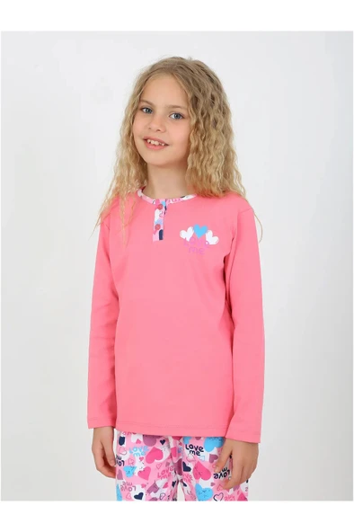 Kız Çocuk Love Me Baklı Uzun Kollu %100 Pamuklu Düğme Detaylı Pijama Takımı  10/15 Yaş - 2