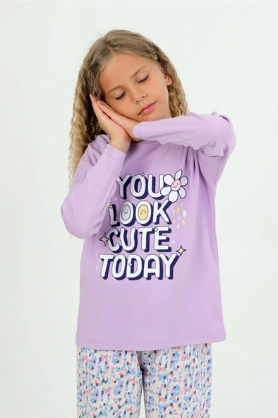 Kız Çocuk You Baklı Uzun Kollu %100 Pamuklu Düğme Detaylı Pijama Takımı  10/15 Yaş