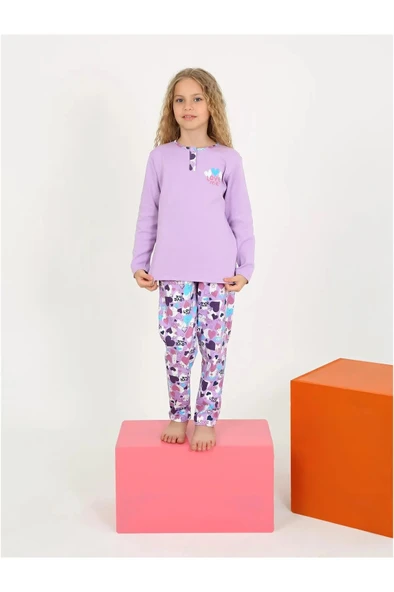 Kız Çocuk Love Me Baklı Uzun Kollu %100 Pamuklu Düğme Detaylı Pijama Takımı  10/15 Yaş - 3