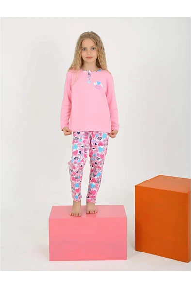 Kız Çocuk Love Me Baklı Uzun Kollu %100 Pamuklu Düğme Detaylı Pijama Takımı  10/15 Yaş - 2