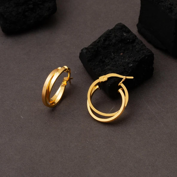 Twin Kumlu Halka Altın Küpe 22 Ayar Orta Boy - Resim 4