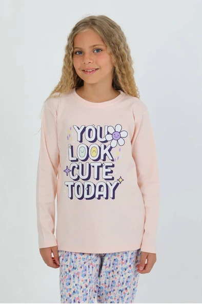 Kız Çocuk You Me Baskılı Uzun Kollu %100 Pamuklu Düğme Detaylı Pijama Takımı  10/15 Yaş