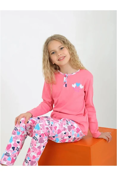 Kız Çocuk Love Me Baklı Uzun Kollu %100 Pamuklu Düğme Detaylı Pijama Takımı  6/9 Yaş