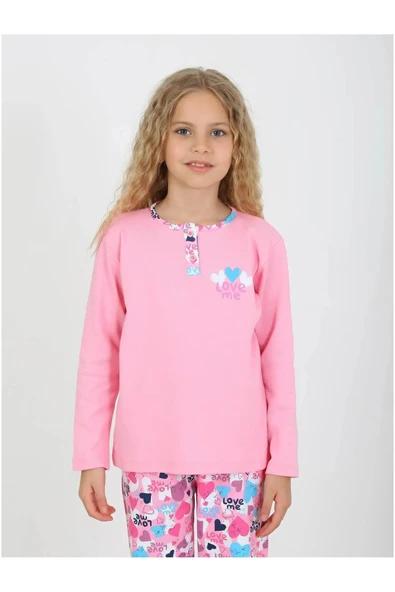 Kız Çocuk Love Me Baklı Uzun Kollu %100 Pamuklu Düğme Detaylı Pijama Takımı  6/9 Yaş - 2