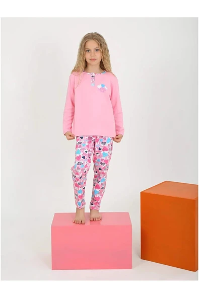 Kız Çocuk Love Me Baklı Uzun Kollu %100 Pamuklu Düğme Detaylı Pijama Takımı  6/9 Yaş - 3