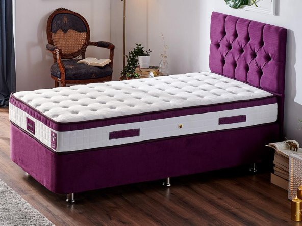 Niron Violet Yatak Seti 90x200 cm Tek Kişilik Yatak Baza Başlık Takımı - Orta Sert Yatak Mor Baza ve Başlığı