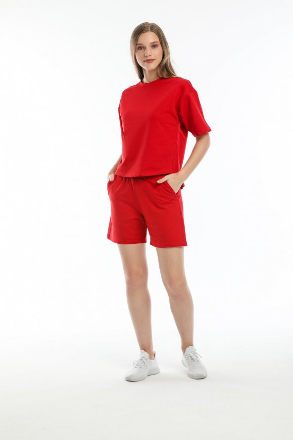 Kırmızı Takım Oversize Tişört Regular Fit Cepli Şort
