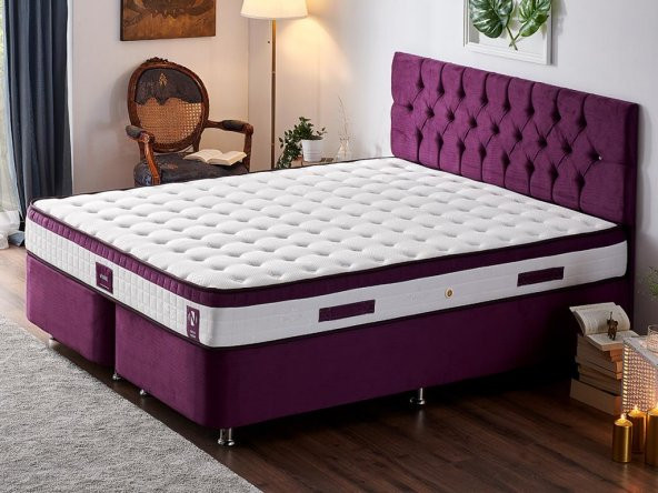 Niron Violet Yatak Seti 140x190 cm Çift Kişilik Yatak Baza Başlık Takımı - Orta Sert Yatak Mor Baza ve Başlığı