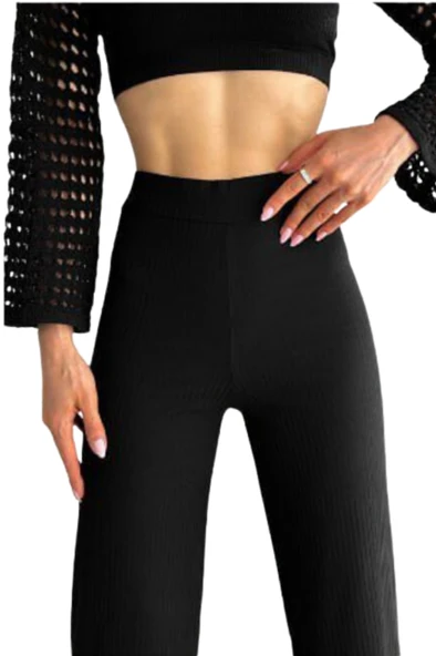 Looksense Kadın Kaşkorse Yüksek Bel Bol Paça Fitilli Tayt 01034 - Resim 4