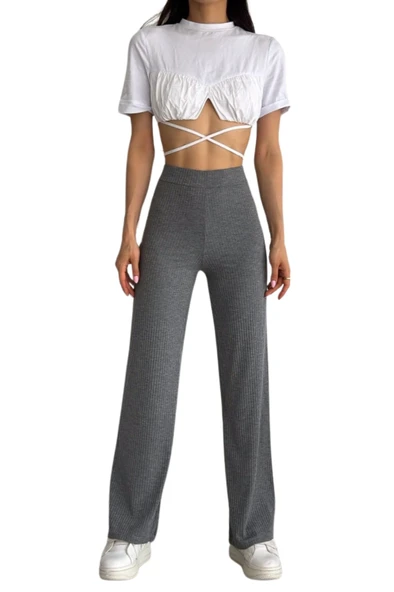 Looksense Kadın Kaşkorse Yüksek Bel Bol Paça Fitilli Tayt 01034 - Resim 6