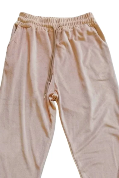 Parlak Kadife Cepli Pantolon Eşofman Pijama Altı Unisex Lastikli Paça Bej - 2