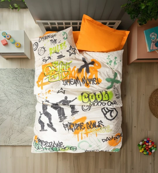 Cotton Box Junior Nevresim Takımı Tek Kişilik Graffiti Oranj