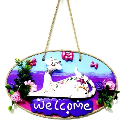 Kedi Figürlü Welcome Yazılı El Yapımı Kapı Süsü - Resim 3