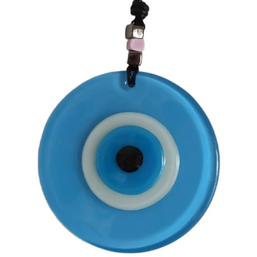 Nazar Boncuklu Deri İpli Bebe Mavisi Renginde Cam Duvar Süsü - Resim 2