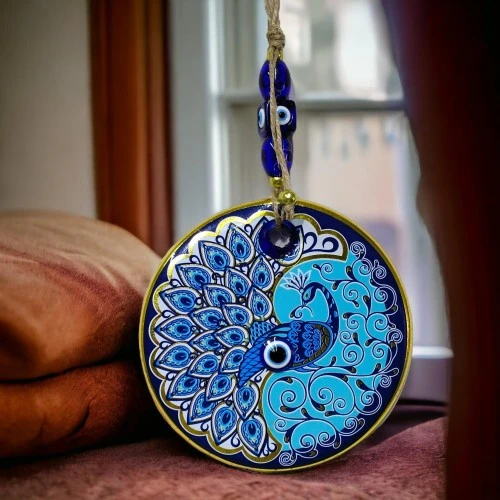 Yaldızlı Nazar Boncuklu Tavus Kuşu Duvar Süsü Cam Duvar Dekoru ürün görseli 1