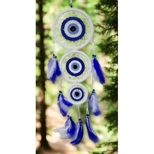 Nazar Motifli Üç Çemberli Kuş Tüylü Beyaz Duvar Süsü - Resim 2