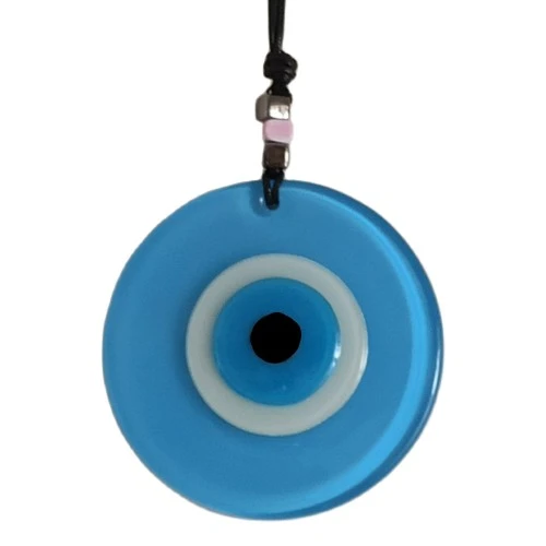 Nazar Boncuklu Deri İpli Bebe Mavisi Renginde Cam Duvar Süsü ürün görseli 1