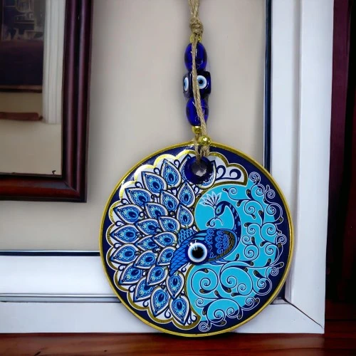 Yaldızlı Nazar Boncuklu Tavus Kuşu Duvar Süsü Cam Duvar Dekoru - Resim 2