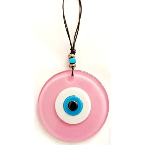 Pembe Renk Cam Nazar Boncuklu El Yapımı Özel Tasarım Duvar Süsü Hediyelik Eşya - 1