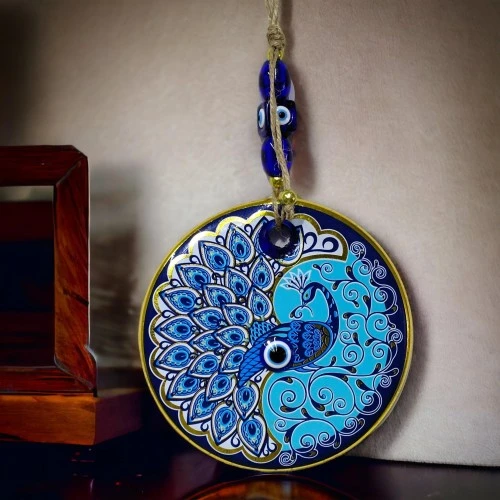 Yaldızlı Nazar Boncuklu Tavus Kuşu Duvar Süsü Cam Duvar Dekoru - Resim 4