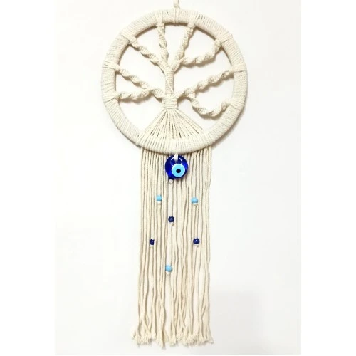 Nazar Boncuklu Ekru Renk Makrome Hayat Ağacı Duvar Süsü - Resim 3