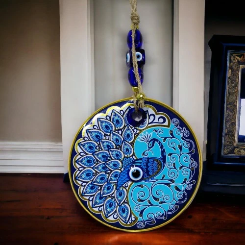 Yaldızlı Nazar Boncuklu Tavus Kuşu Duvar Süsü Cam Duvar Dekoru - Resim 3