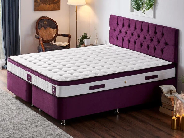 Niron Violet Yatak Seti 150x200 cm Çift Kişilik Yatak Baza Başlık Takımı - Orta Sert Yatak Mor Baza ve Başlığı