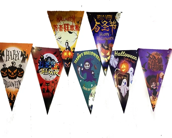 LüBaskılı Üçgen Model Halloween Banner Süs Bayrak 8 Li