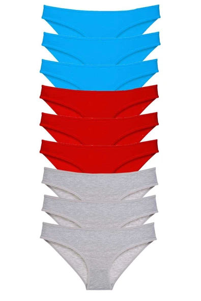 9 adet Süper Eko Set Likralı Kadın Slip Külot Kırmızı Gri Mavi ürün görseli 1