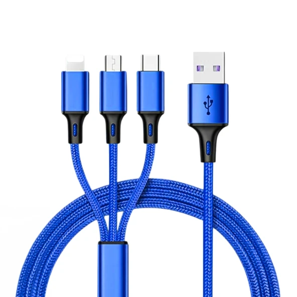 POWERMASTER PM-26334 3IN1 MAVİ 1.2 METRE (MICRO USB - LIGHTNING - TYPE C) TELEFON ŞARJ KABLOSU