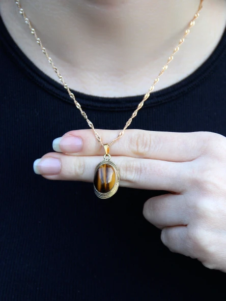 Doğal Taş Kaplangözü Doğal Taşlı Kadın Zincirli Kolye euk4kg - Resim 3