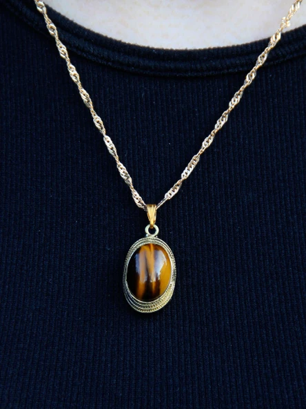 Doğal Taş Kaplangözü Doğal Taşlı Kadın Zincirli Kolye euk4kg - Resim 2