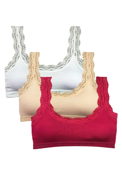 3 Adet Dantel Nakış İşlemeli Pedli Bambu Kadın Büstiyer Beyaz Ten Bordo ürün görseli 1