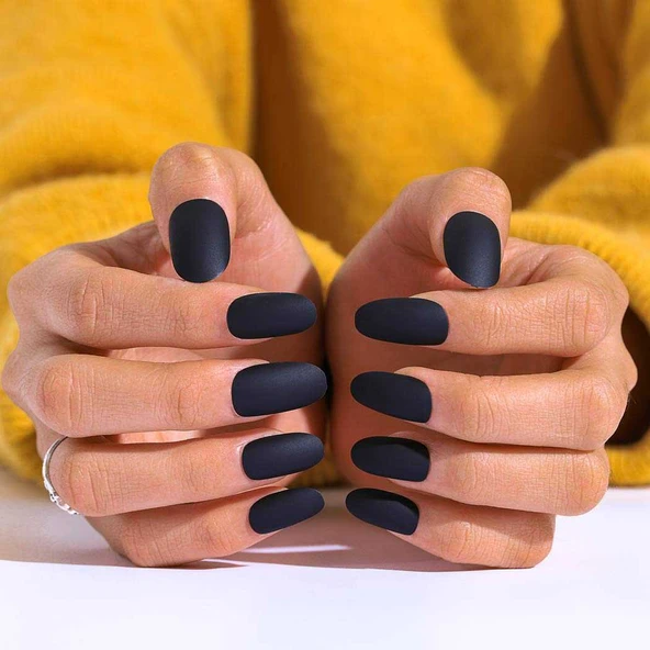 12 Adet Kendinden Yapışkanlı Tak ve Çık Mat Siyah Takma Tırnak - Resim 4